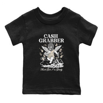 Cash Grabber baby and kids t-shirt crafted for little sneakerheads to shine with the Air Jordan 3 Pure Money sneakers, displayed in Black 2.