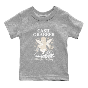 Cash Grabber baby and kids t-shirt crafted for little sneakerheads to shine with the Air Jordan 3 Pure Money sneakers, displayed in Heather Grey 2.