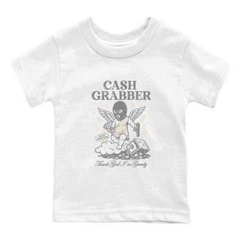 Cash Grabber baby and kids t-shirt crafted for little sneakerheads to shine with the Air Jordan 3 Pure Money sneakers, displayed in White 2.
