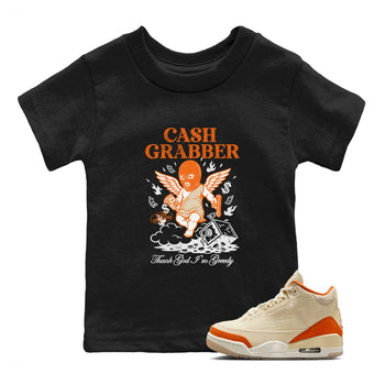 Cash Grabber baby and kids t-shirt crafted for little sneakerheads to shine with the Air Jordan 3 Starfish sneakers, displayed in Black 1.
