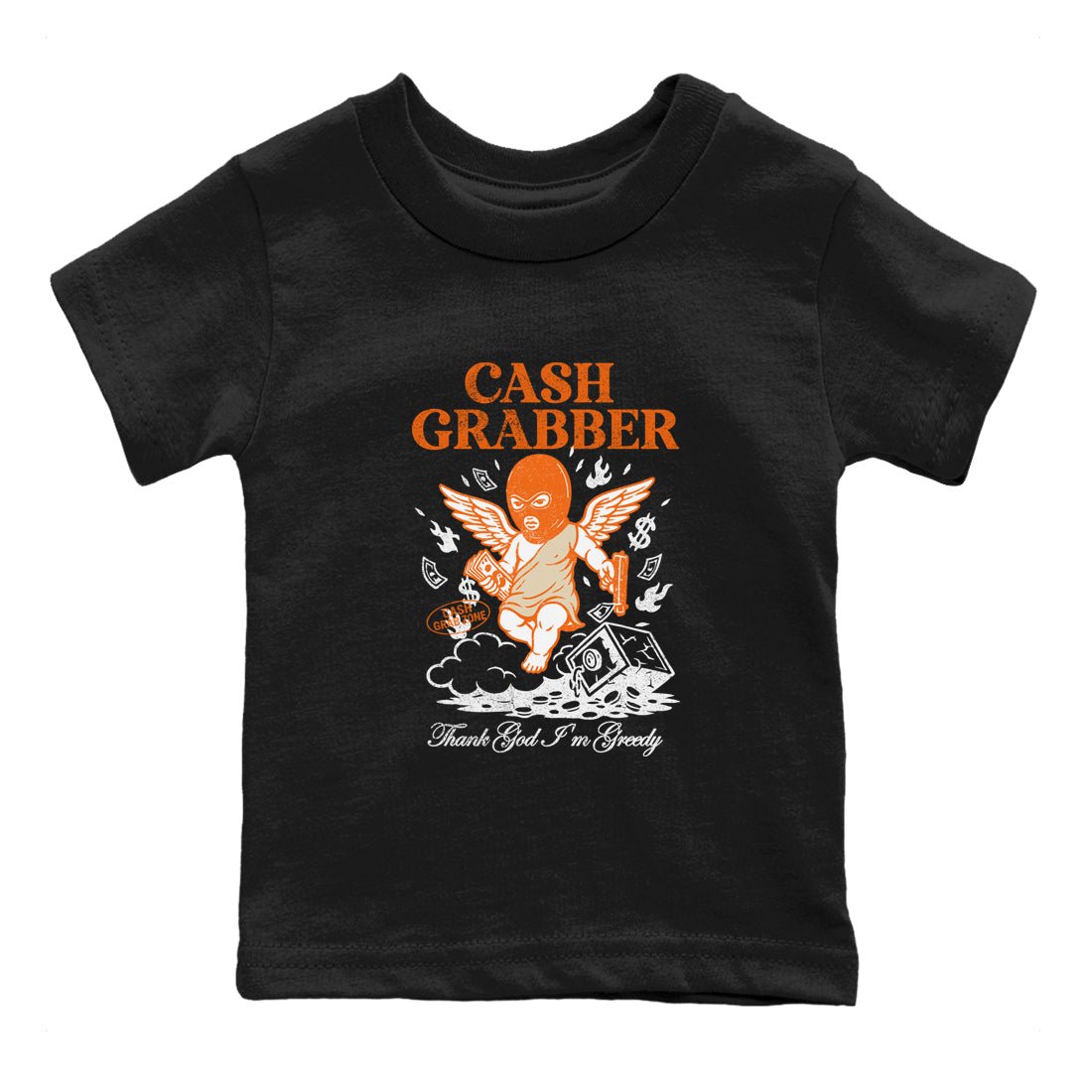 Cash Grabber baby and kids t-shirt crafted for little sneakerheads to shine with the Air Jordan 3 Starfish sneakers, displayed in Black 2.