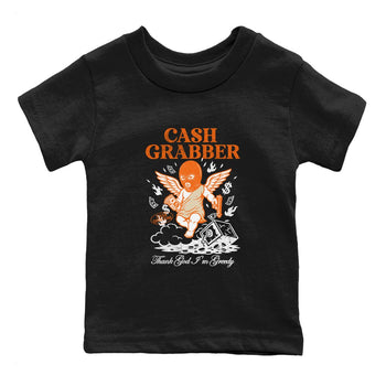 Cash Grabber baby and kids t-shirt crafted for little sneakerheads to shine with the Air Jordan 3 Starfish sneakers, displayed in Black 2.