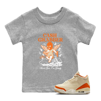 Cash Grabber baby and kids t-shirt crafted for little sneakerheads to shine with the Air Jordan 3 Starfish sneakers, displayed in Heather Grey 1.