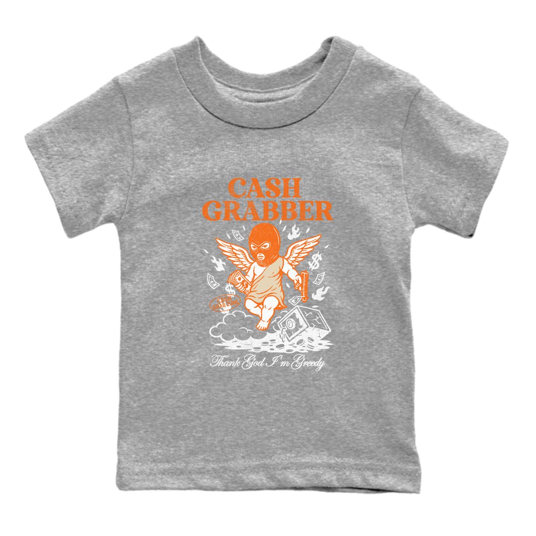 Cash Grabber baby and kids t-shirt crafted for little sneakerheads to shine with the Air Jordan 3 Starfish sneakers, displayed in Heather Grey 2.