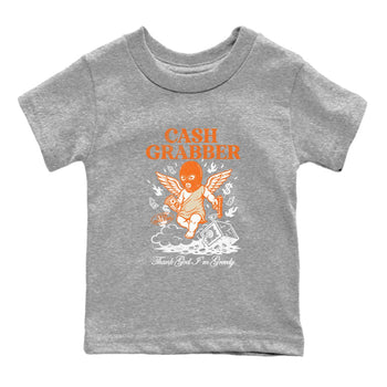 Cash Grabber baby and kids t-shirt crafted for little sneakerheads to shine with the Air Jordan 3 Starfish sneakers, displayed in Heather Grey 2.