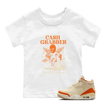 Cash Grabber baby and kids t-shirt crafted for little sneakerheads to shine with the Air Jordan 3 Starfish sneakers, displayed in White 1.