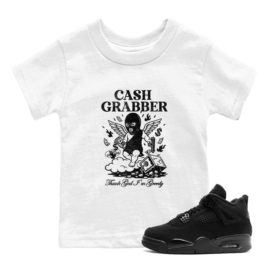 Best Sneakerfit graphic tee – Sneaker Tees To Match Air Jordan 4 Retro Black Cat Sneakers – Cash Grabber Kids T-Shirt White 1