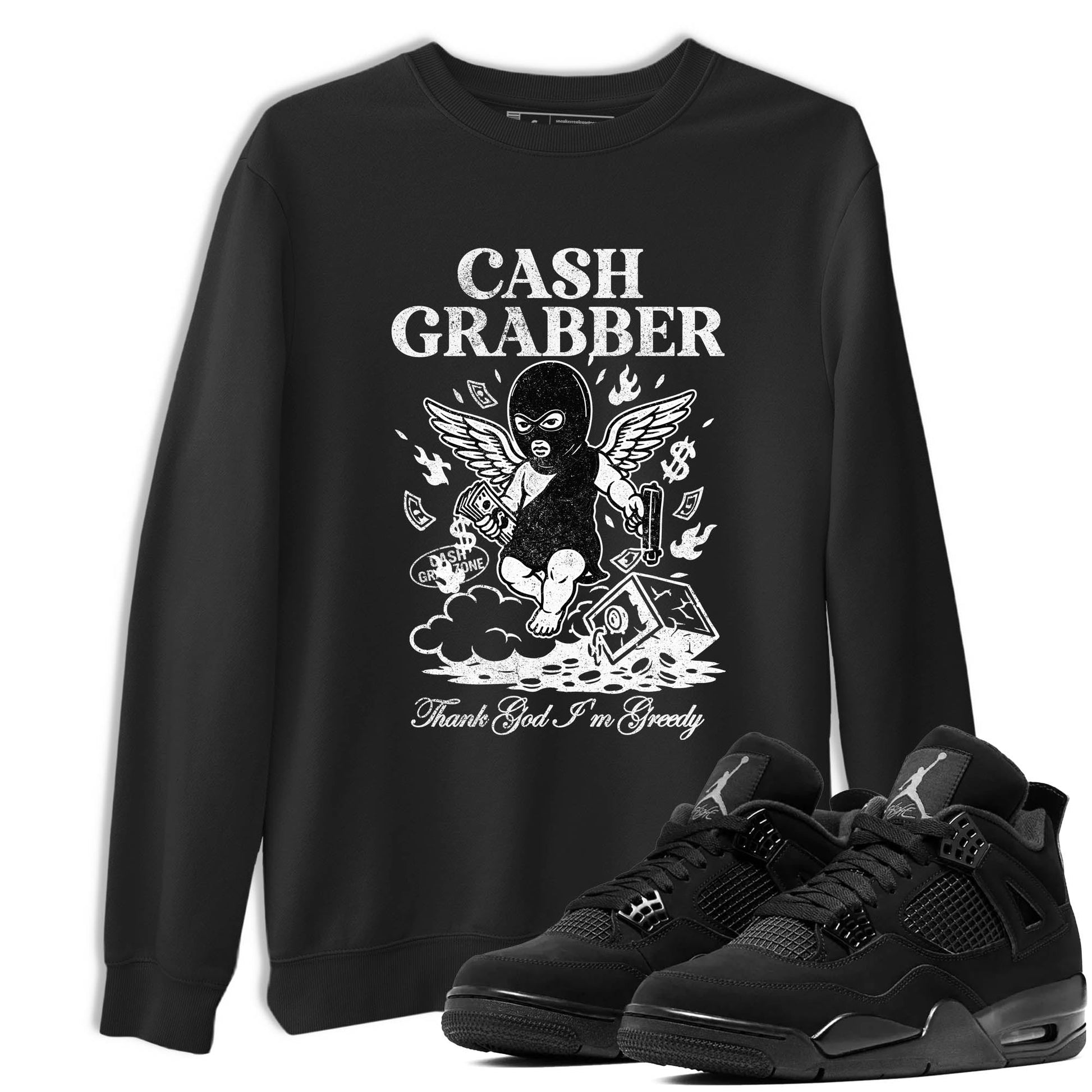 Best Sneakerfit graphic tee – Sneaker Tees To Match Air Jordan 4 Retro Black Cat Sneakers – Cash Grabber Tee Black 1