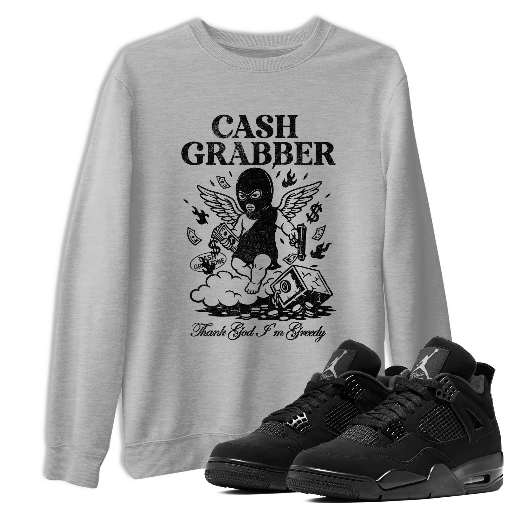 Best Sneakerfit graphic tee – Sneaker Tees To Match Air Jordan 4 Retro Black Cat Sneakers – Cash Grabber Tee Heather Grey 1