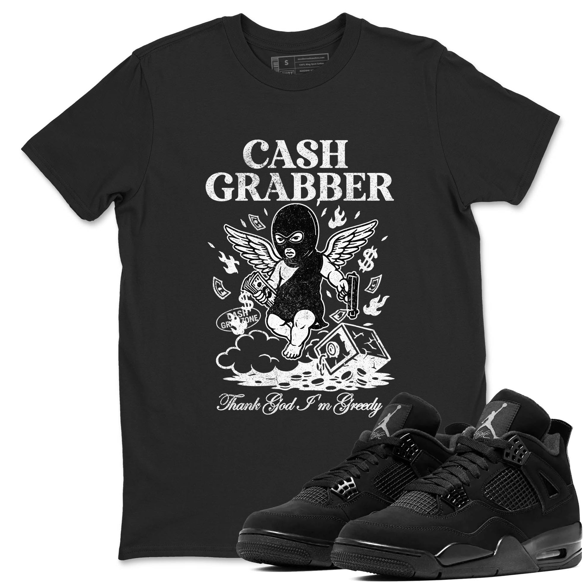 Best Sneakerfit graphic tee – Sneaker Tees To Match Air Jordan 4 Retro Black Cat Sneakers – Cash Grabber Tee Black 1