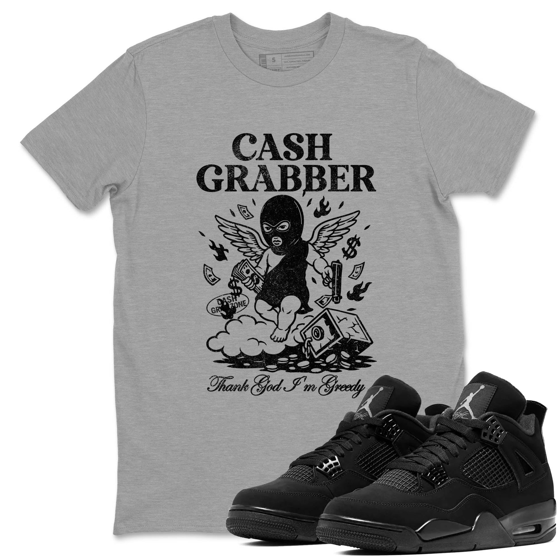 Best Sneakerfit graphic tee – Sneaker Tees To Match Air Jordan 4 Retro Black Cat Sneakers – Cash Grabber Tee Heather Grey 1