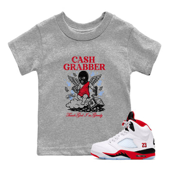 Sneaker match tees – Sneaker Tees To Match Air Jordan 5 Fire Red Shoes – Cash Grabber Kids T-Shirt Heather Grey 1