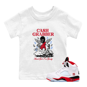 Sneaker match tees – Sneaker Tees To Match Air Jordan 5 Fire Red Shoes – Cash Grabber Kids T-Shirt White 1