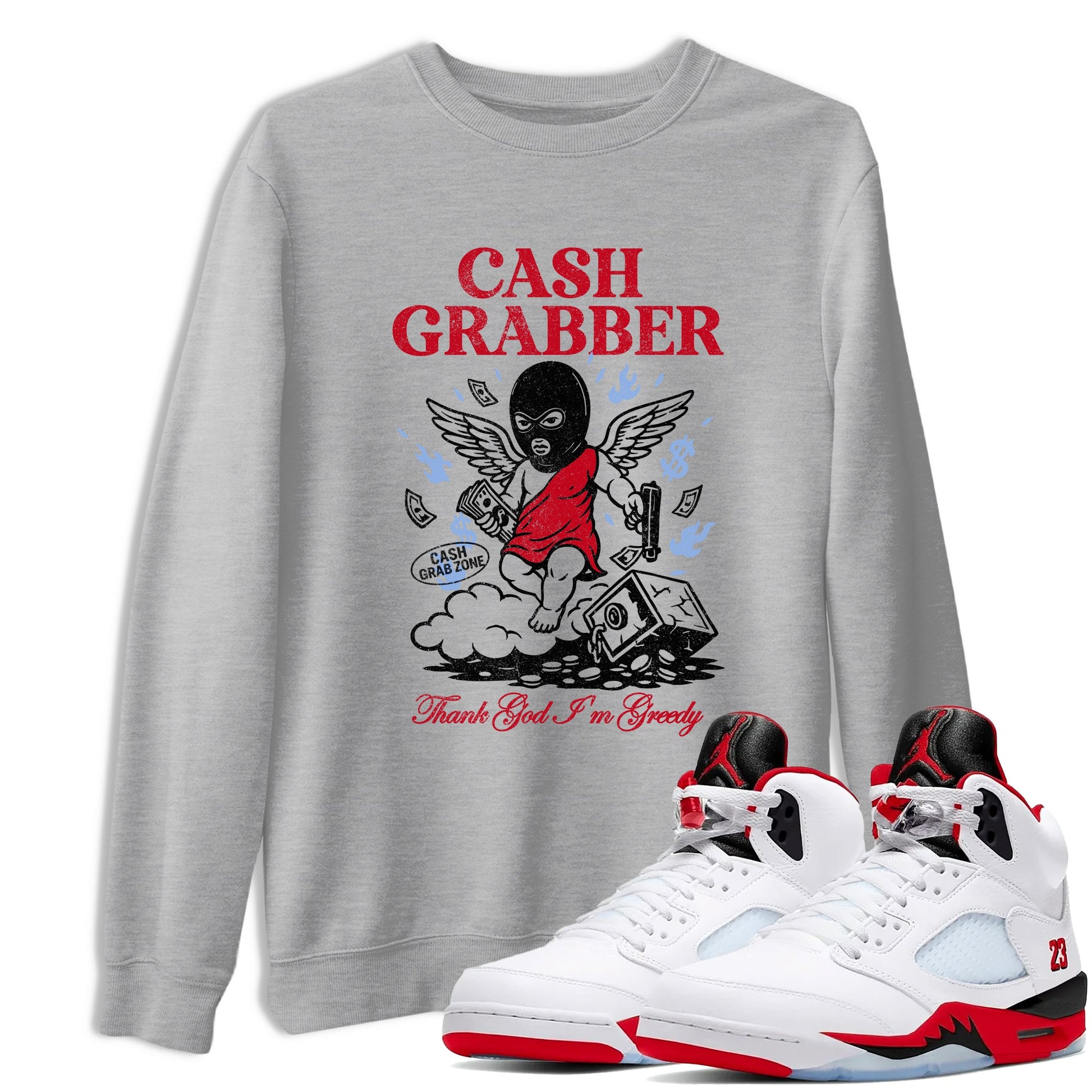 Sneaker match tees – Sneaker Tees To Match Air Jordan 5 Fire Red Shoes – Cash Grabber Tee Heather Grey 1