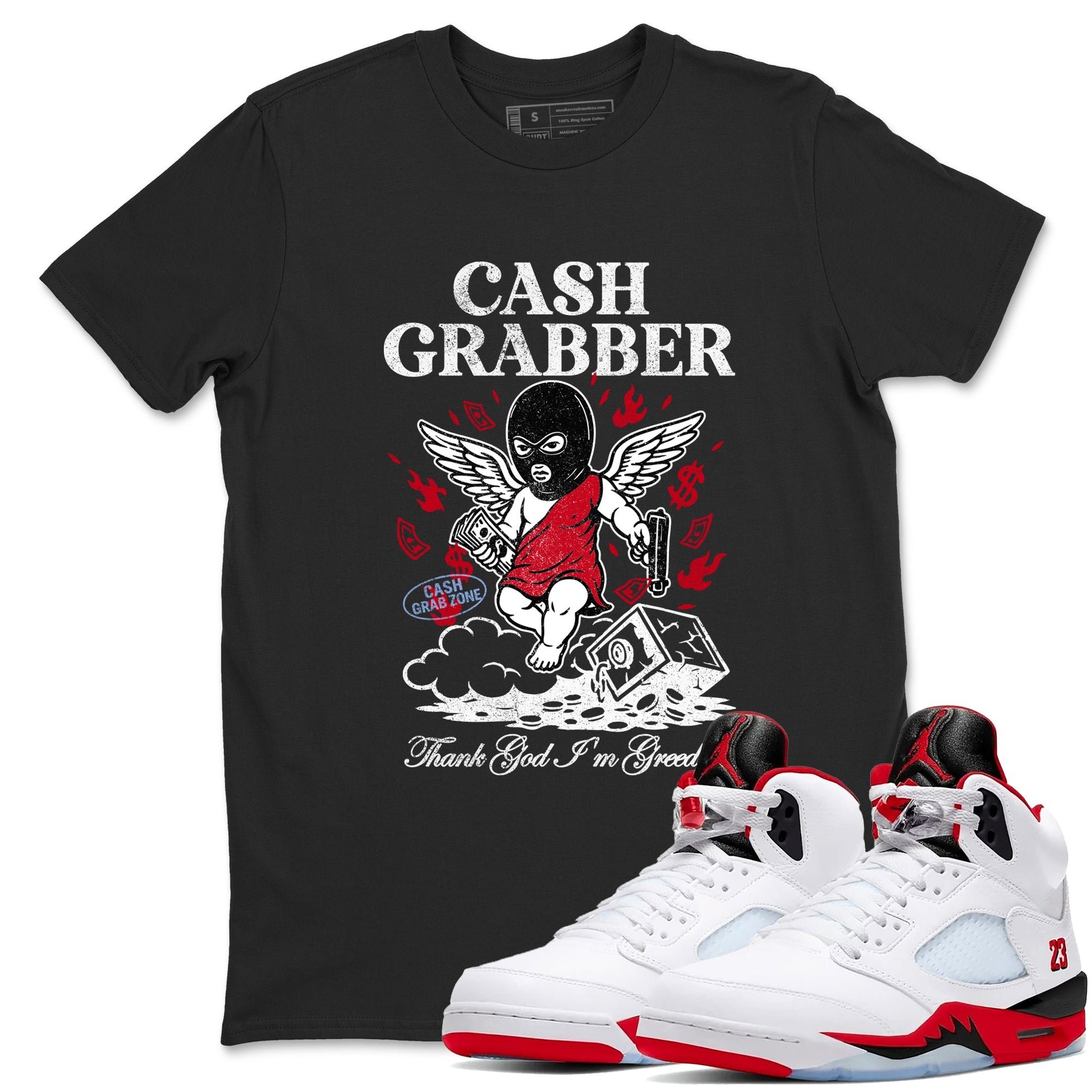 Sneaker match tees – Sneaker Tees To Match Air Jordan 5 Fire Red Shoes – Cash Grabber Tee Black 1