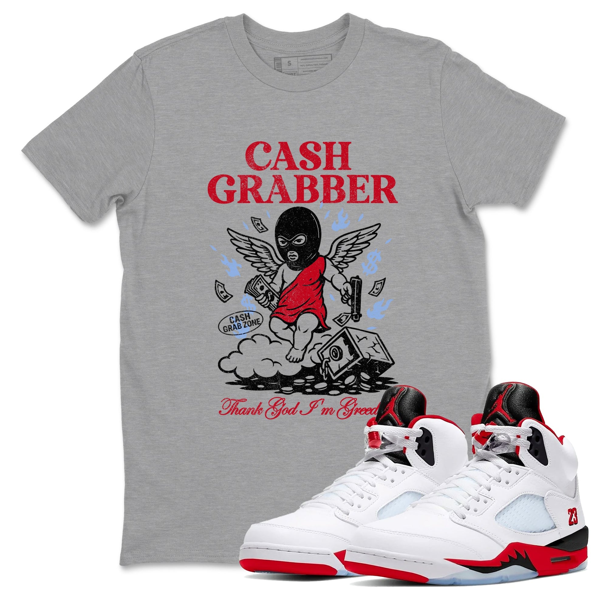 Sneaker match tees – Sneaker Tees To Match Air Jordan 5 Fire Red Shoes – Cash Grabber Tee Heather Grey 1