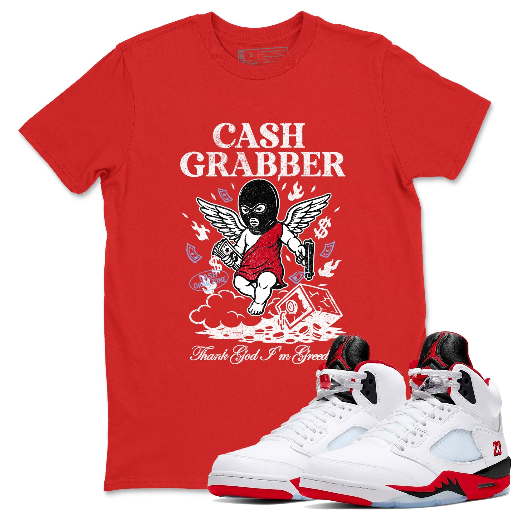 Sneaker match tees – Sneaker Tees To Match Air Jordan 5 Fire Red Shoes – Cash Grabber Tee Red 1