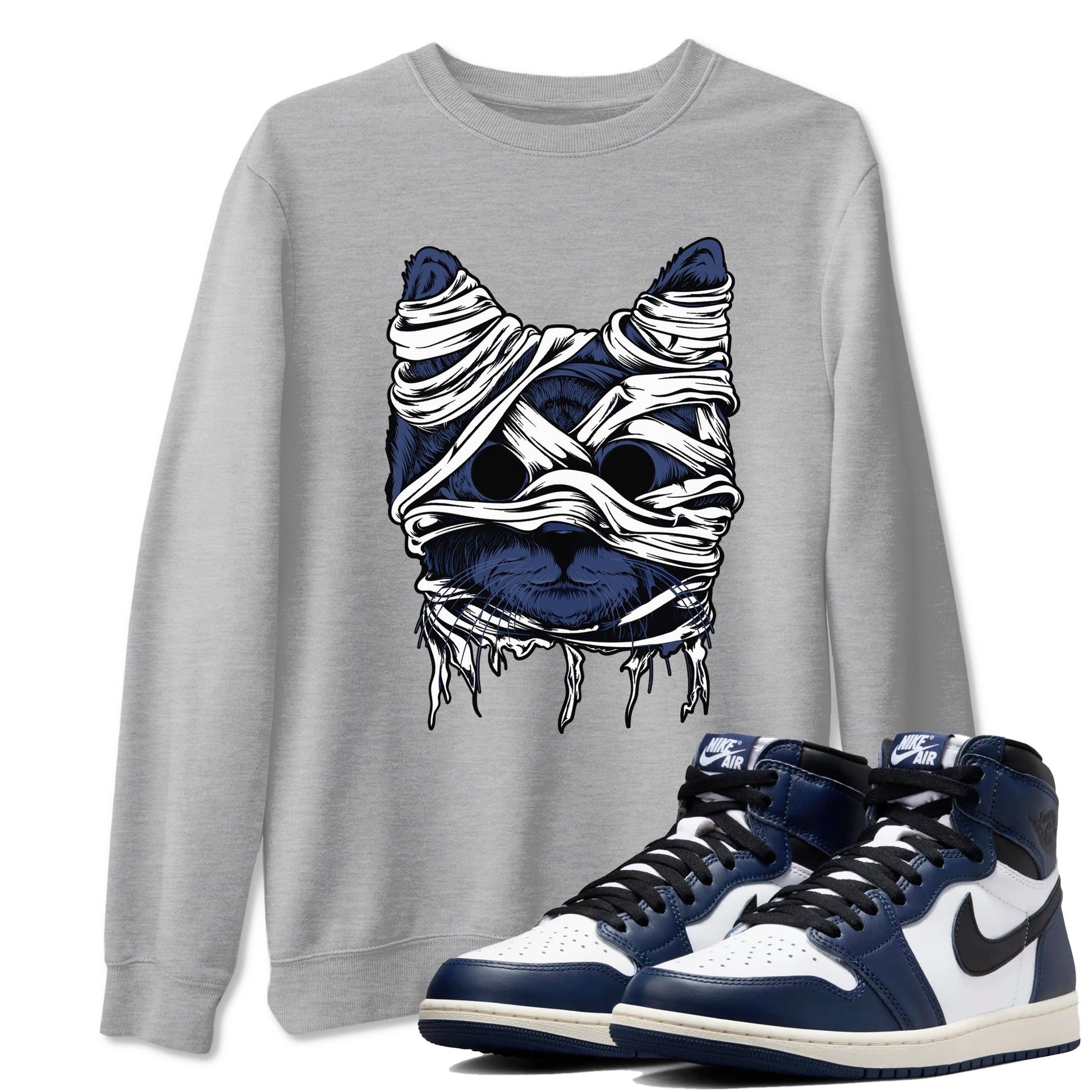 1s Midnight Navy shirts to match jordans Cat Mummy unique Halloween sneaker tee Air Jordan 1 Midnight Navy match shoes to clothes SNRT Sneaker Tees unisex cotton Heather Grey 1 shirts