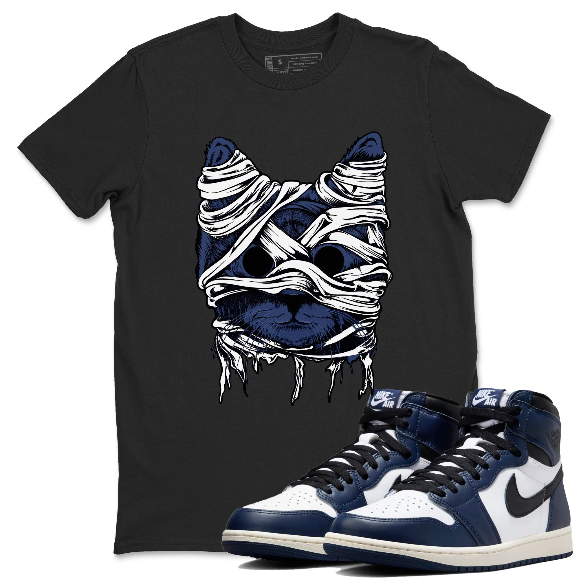 1s Midnight Navy shirts to match jordans Cat Mummy unique Halloween sneaker tee Air Jordan 1 Midnight Navy match shoes to clothes SNRT Sneaker Tees unisex cotton Black 1 shirts