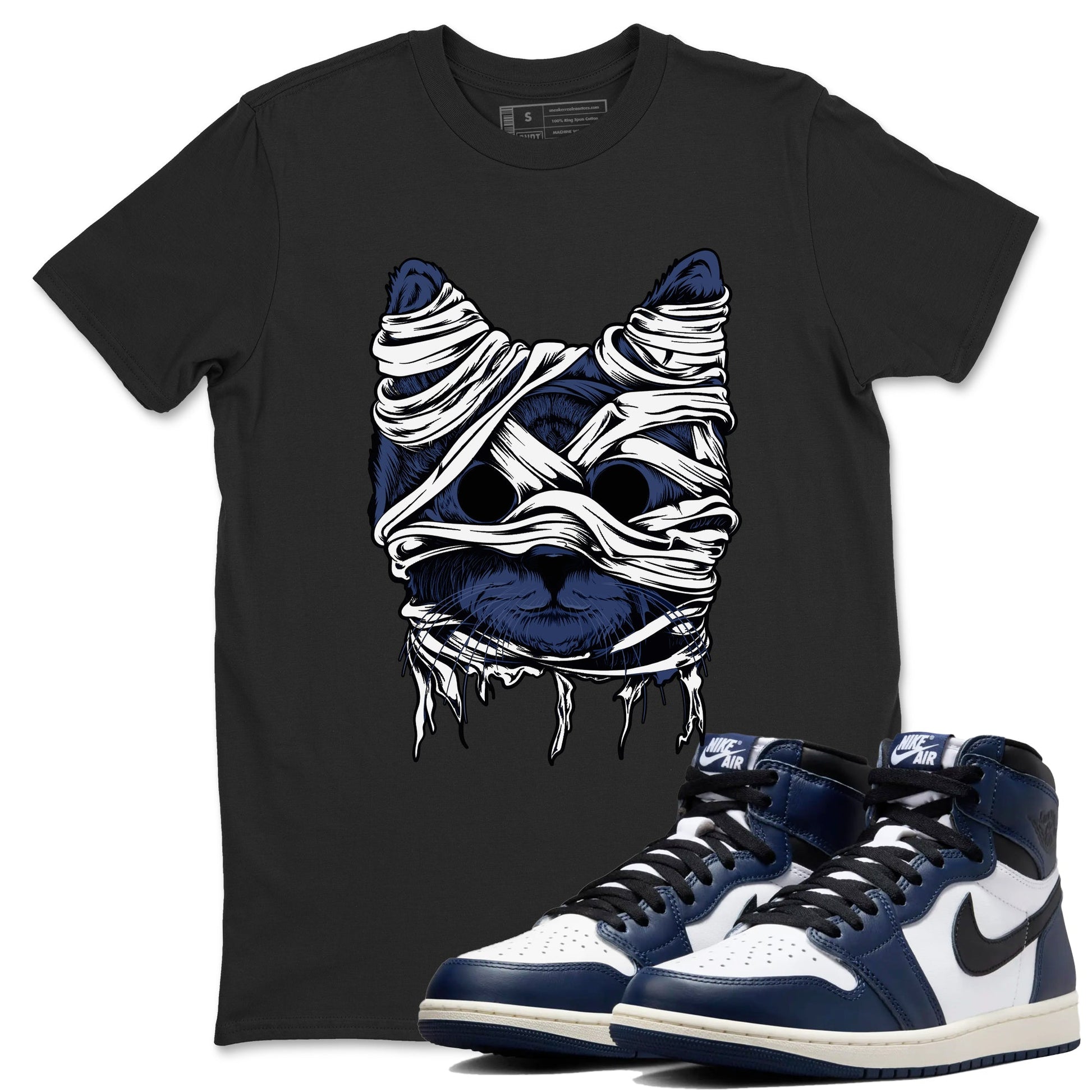 1s Midnight Navy shirts to match jordans Cat Mummy unique Halloween sneaker tee Air Jordan 1 Midnight Navy match shoes to clothes SNRT Sneaker Tees unisex cotton Black 1 shirts