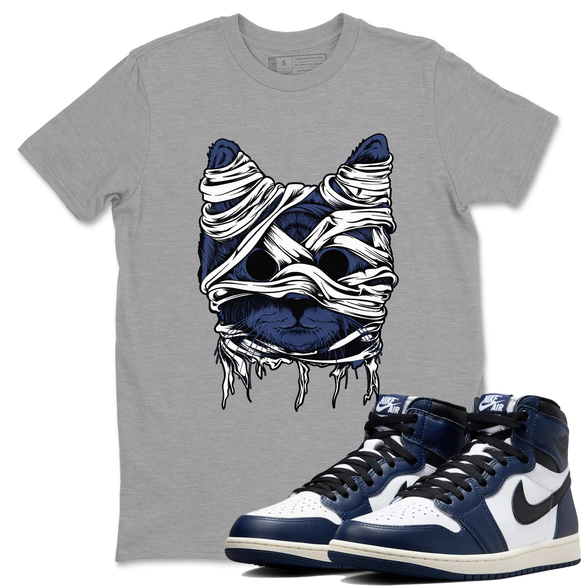 1s Midnight Navy shirts to match jordans Cat Mummy unique Halloween sneaker tee Air Jordan 1 Midnight Navy match shoes to clothes SNRT Sneaker Tees unisex cotton Heather Grey 1 shirts