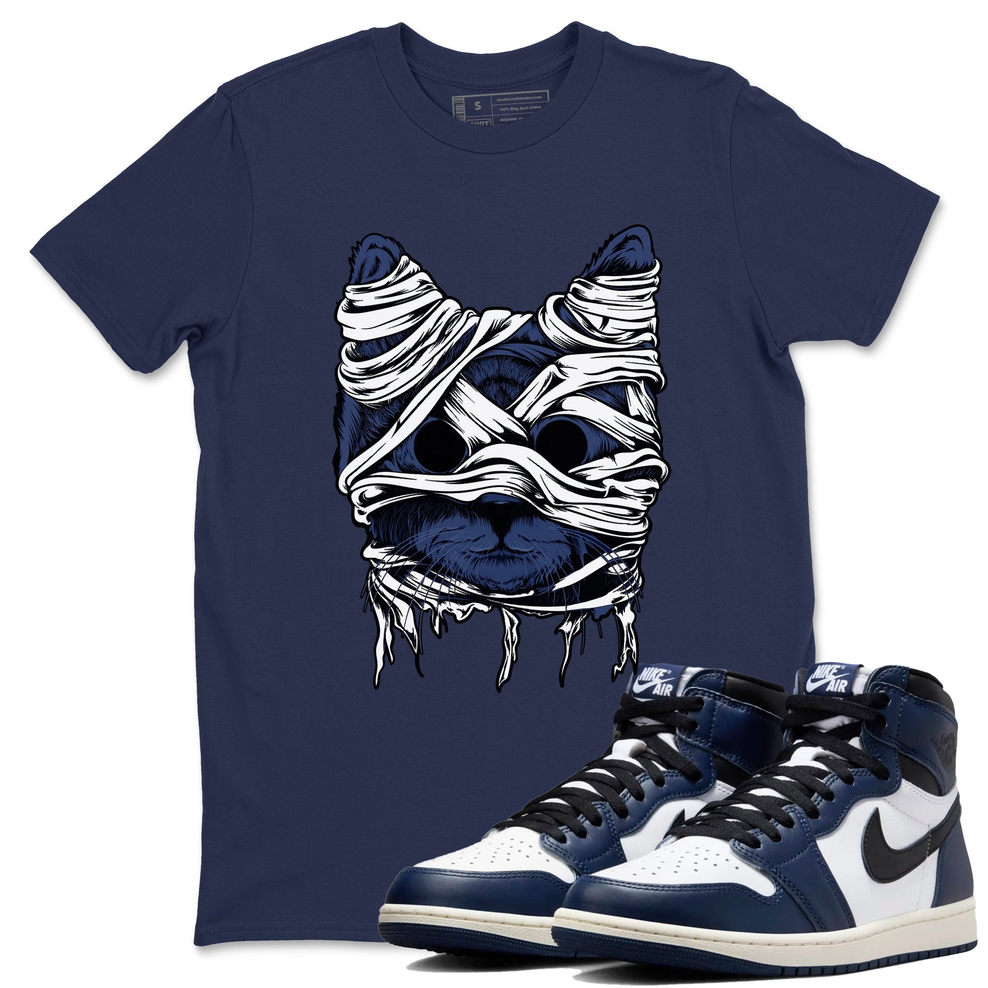1s Midnight Navy shirts to match jordans Cat Mummy unique Halloween sneaker tee Air Jordan 1 Midnight Navy match shoes to clothes SNRT Sneaker Tees unisex cotton Navy 1 shirts