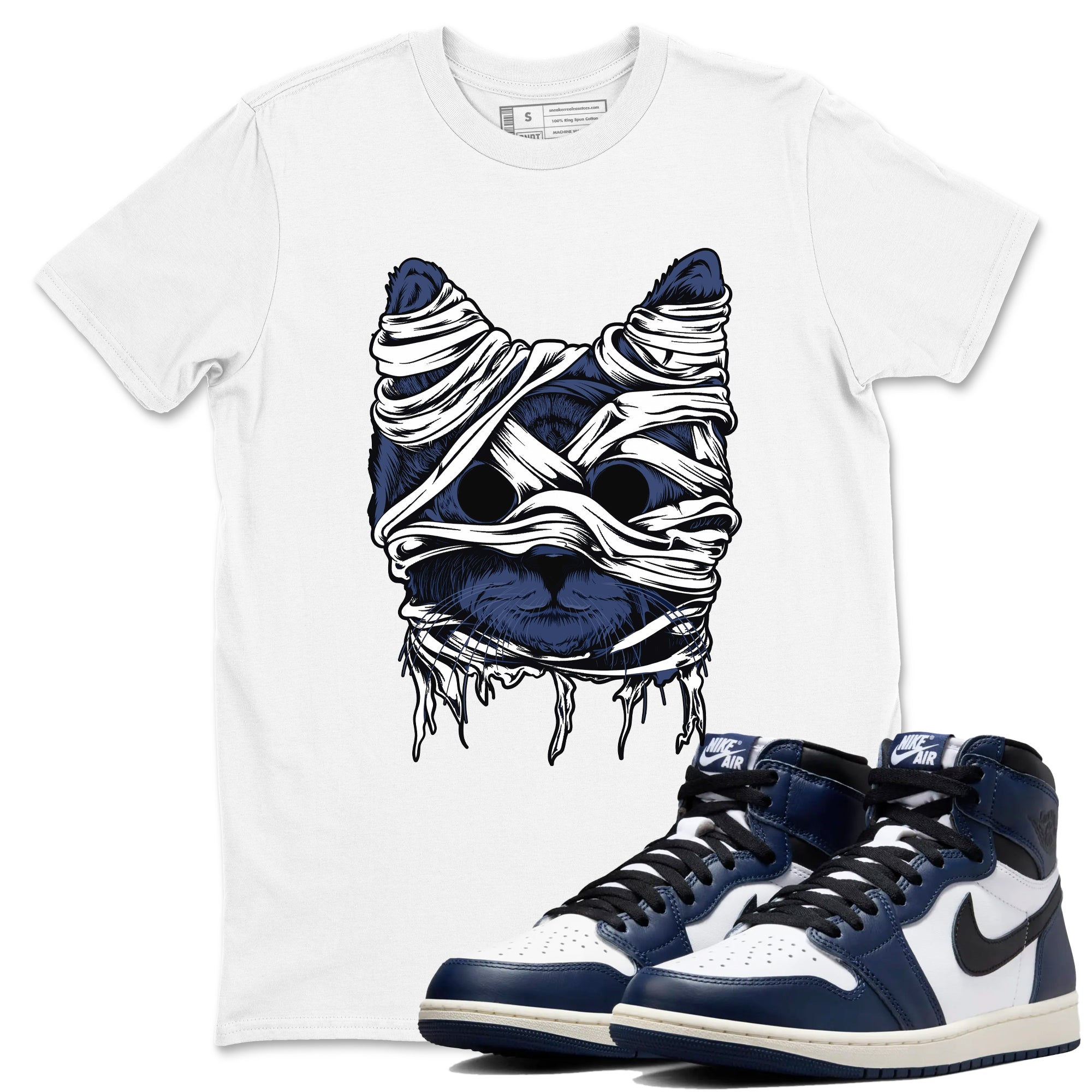 1s Midnight Navy shirts to match jordans Cat Mummy unique Halloween sneaker tee Air Jordan 1 Midnight Navy match shoes to clothes SNRT Sneaker Tees unisex cotton White 1 shirts