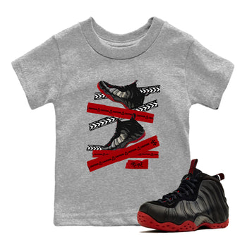 Sneaker Threads – Sneaker Threads To Match Air Foamposite Cough Drop Shoes – Caution Tape Kids T-Shirt Heather Grey 1