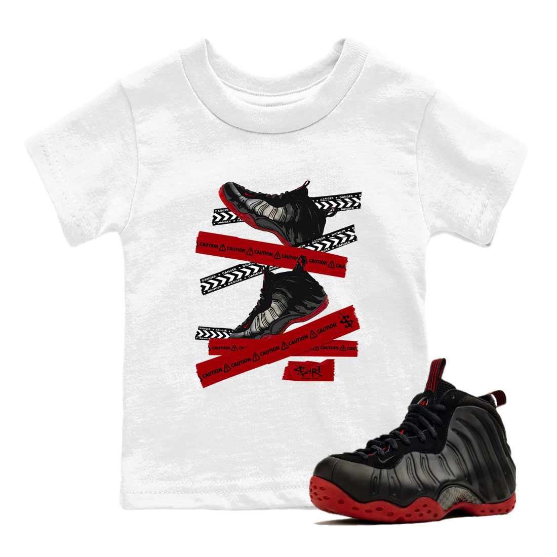 Sneaker Threads – Sneaker Threads To Match Air Foamposite Cough Drop Shoes – Caution Tape Kids T-Shirt White 1