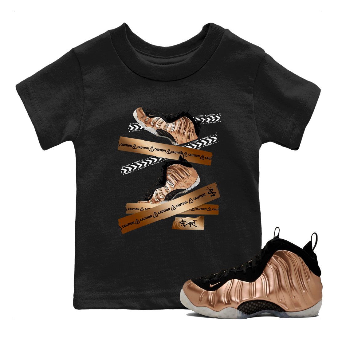 Foams One Metallic Copper shirts to match jordans Caution Tape sneaker match tees Air Foamposite One Metallic Copper match shoes to clothes SNRT Sneaker Tees Youth Baby Black 1 tee