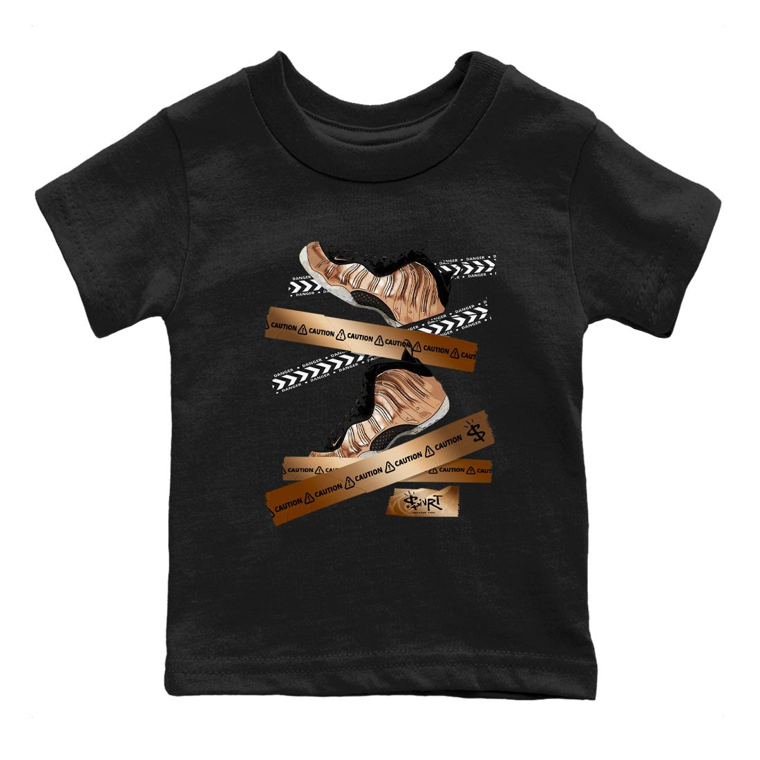 Foams One Metallic Copper shirts to match jordans Caution Tape sneaker match tees Air Foamposite One Metallic Copper match shoes to clothes SNRT Sneaker Tees Youth Baby Black 2 tee