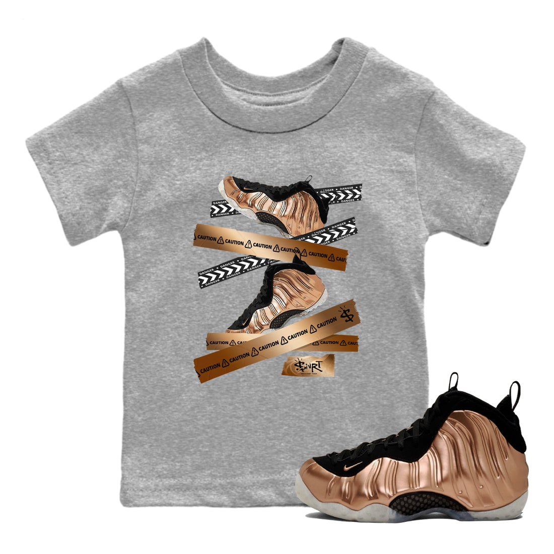 Foams One Metallic Copper shirts to match jordans Caution Tape sneaker match tees Air Foamposite One Metallic Copper match shoes to clothes SNRT Sneaker Tees Youth Baby Heather Grey 1 tee