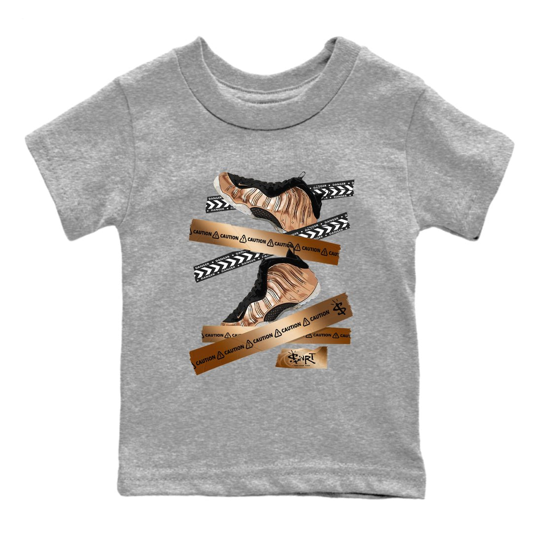 Foams One Metallic Copper shirts to match jordans Caution Tape sneaker match tees Air Foamposite One Metallic Copper match shoes to clothes SNRT Sneaker Tees Youth Baby Heather Grey 2 tee