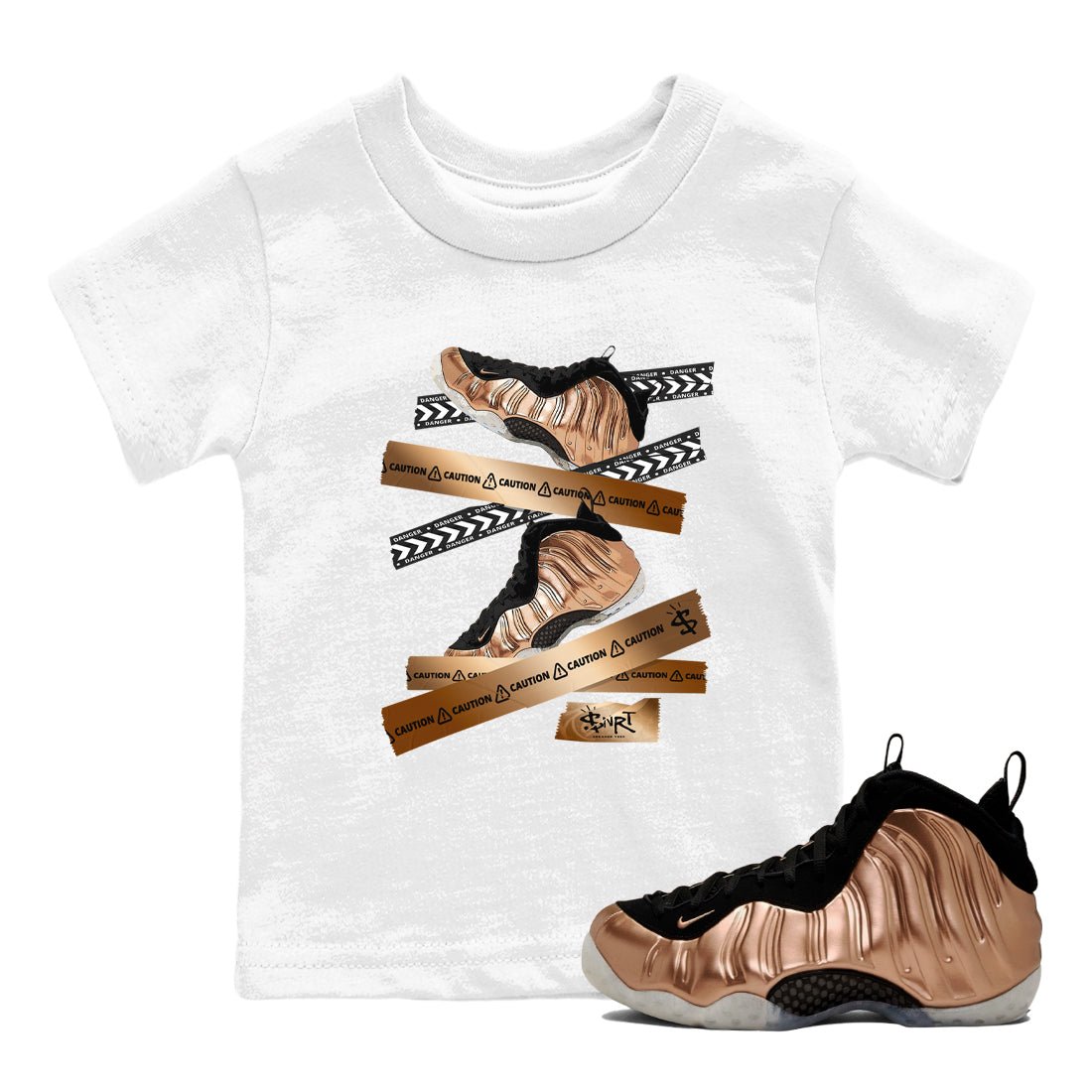 Foams One Metallic Copper shirts to match jordans Caution Tape sneaker match tees Air Foamposite One Metallic Copper match shoes to clothes SNRT Sneaker Tees Youth Baby White 1 tee