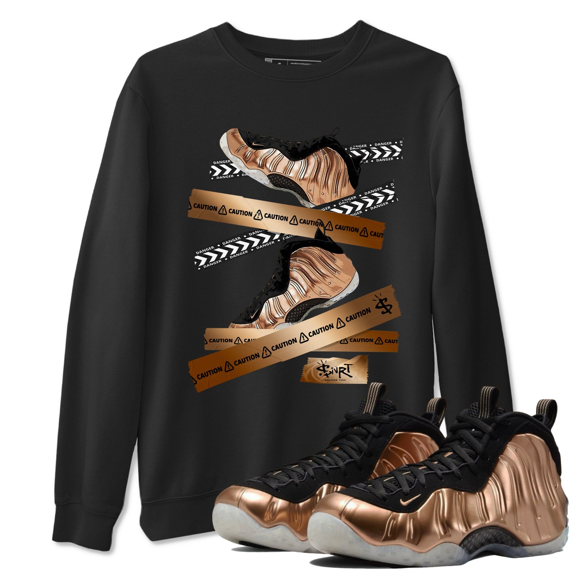 Foams One Metallic Copper shirts to match jordans Caution Tape sneaker match tees Air Foamposite One Metallic Copper match shoes to clothes SNRT Sneaker Tees unisex cotton Black 1 shirts