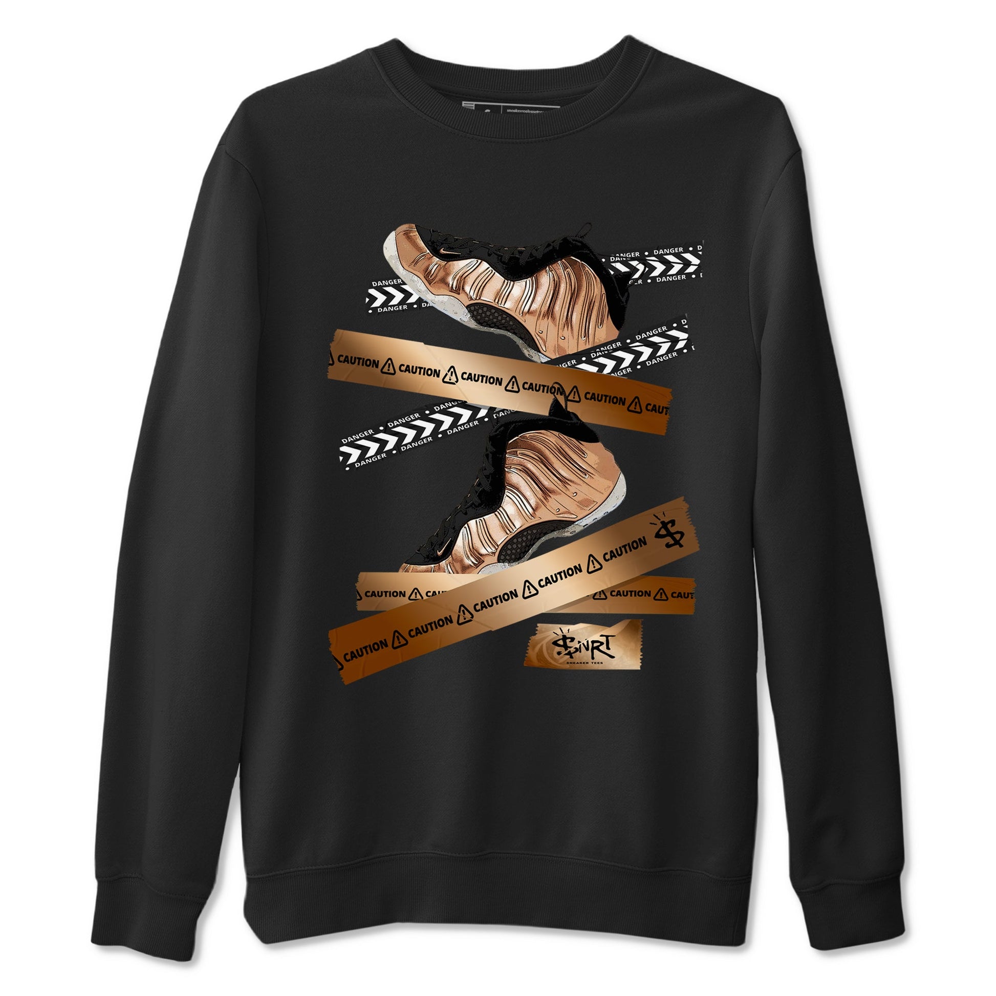 Foams One Metallic Copper shirts to match jordans Caution Tape sneaker match tees Air Foamposite One Metallic Copper match shoes to clothes SNRT Sneaker Tees unisex cotton Black 2 shirts
