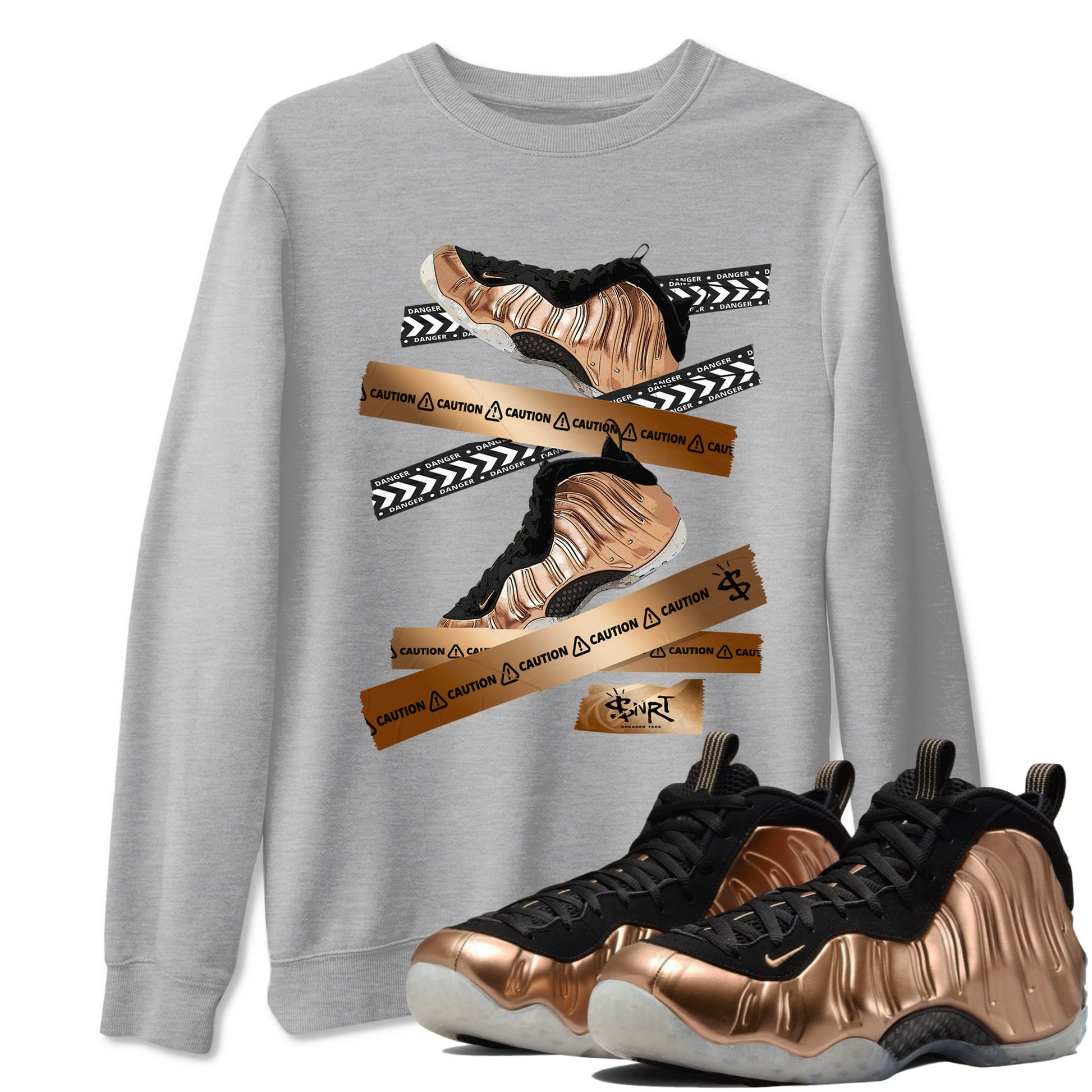 Foams One Metallic Copper shirts to match jordans Caution Tape sneaker match tees Air Foamposite One Metallic Copper match shoes to clothes SNRT Sneaker Tees unisex cotton Heather Grey 1 shirts