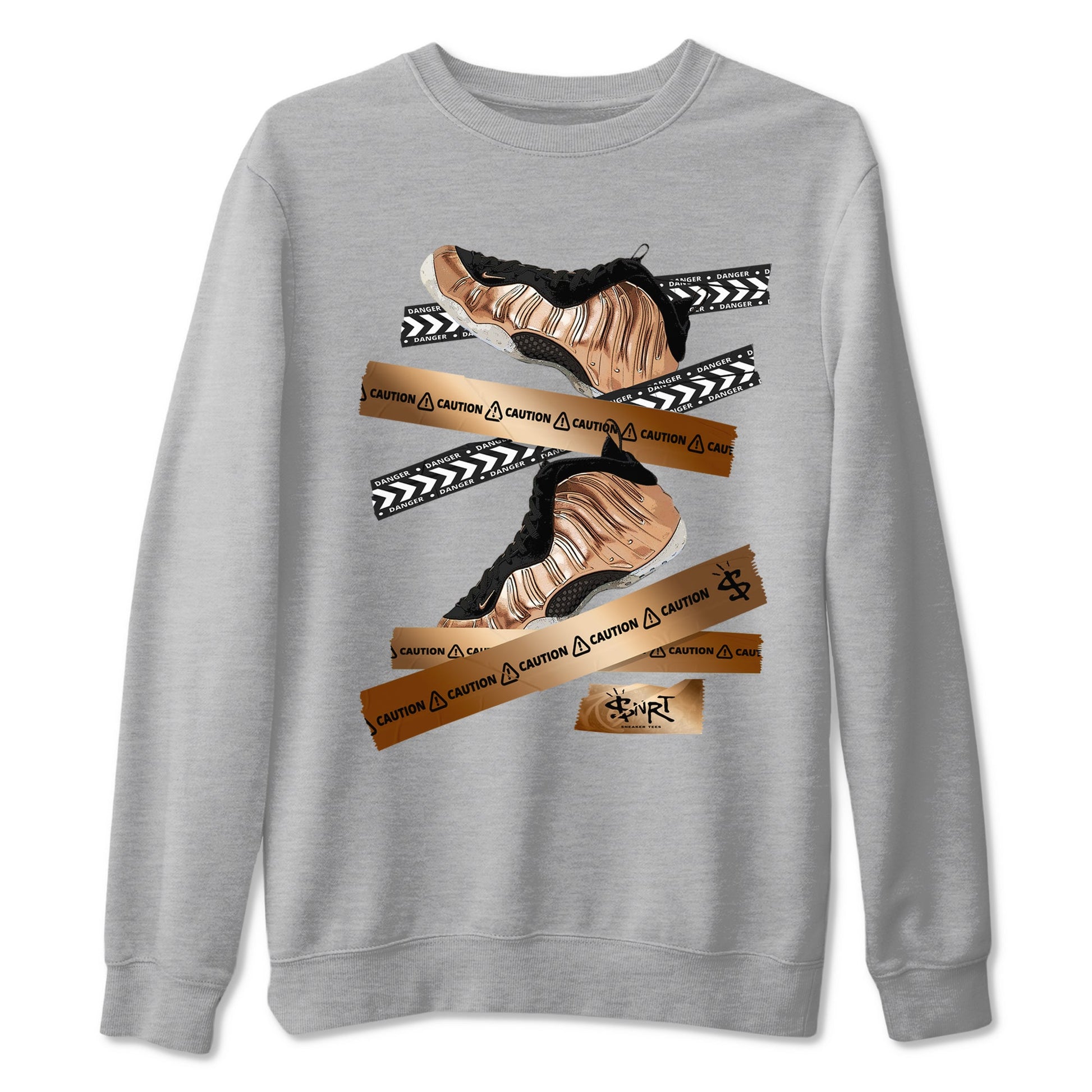 Foams One Metallic Copper shirts to match jordans Caution Tape sneaker match tees Air Foamposite One Metallic Copper match shoes to clothes SNRT Sneaker Tees unisex cotton Heather Grey 2 shirts