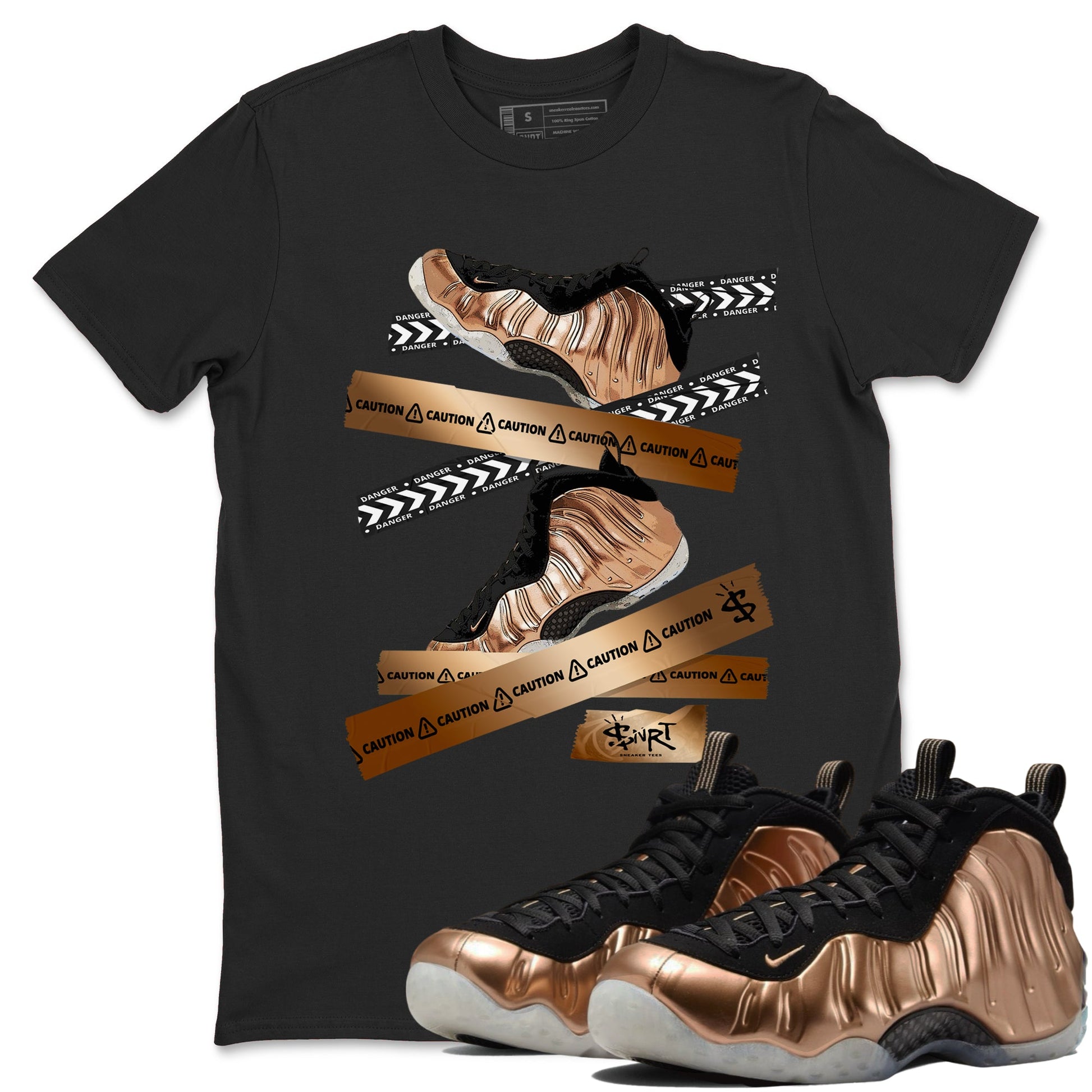 Foams One Metallic Copper shirts to match jordans Caution Tape sneaker match tees Air Foamposite One Metallic Copper match shoes to clothes SNRT Sneaker Tees unisex cotton Black 1 shirts
