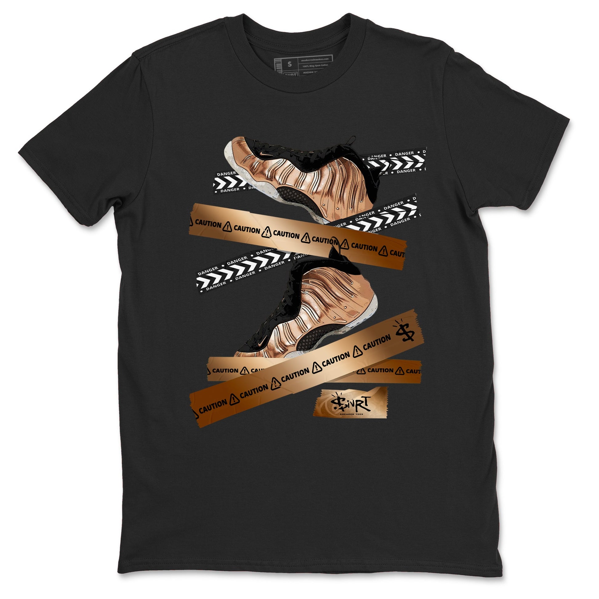 Foams One Metallic Copper shirts to match jordans Caution Tape sneaker match tees Air Foamposite One Metallic Copper match shoes to clothes SNRT Sneaker Tees unisex cotton Black 2 shirts