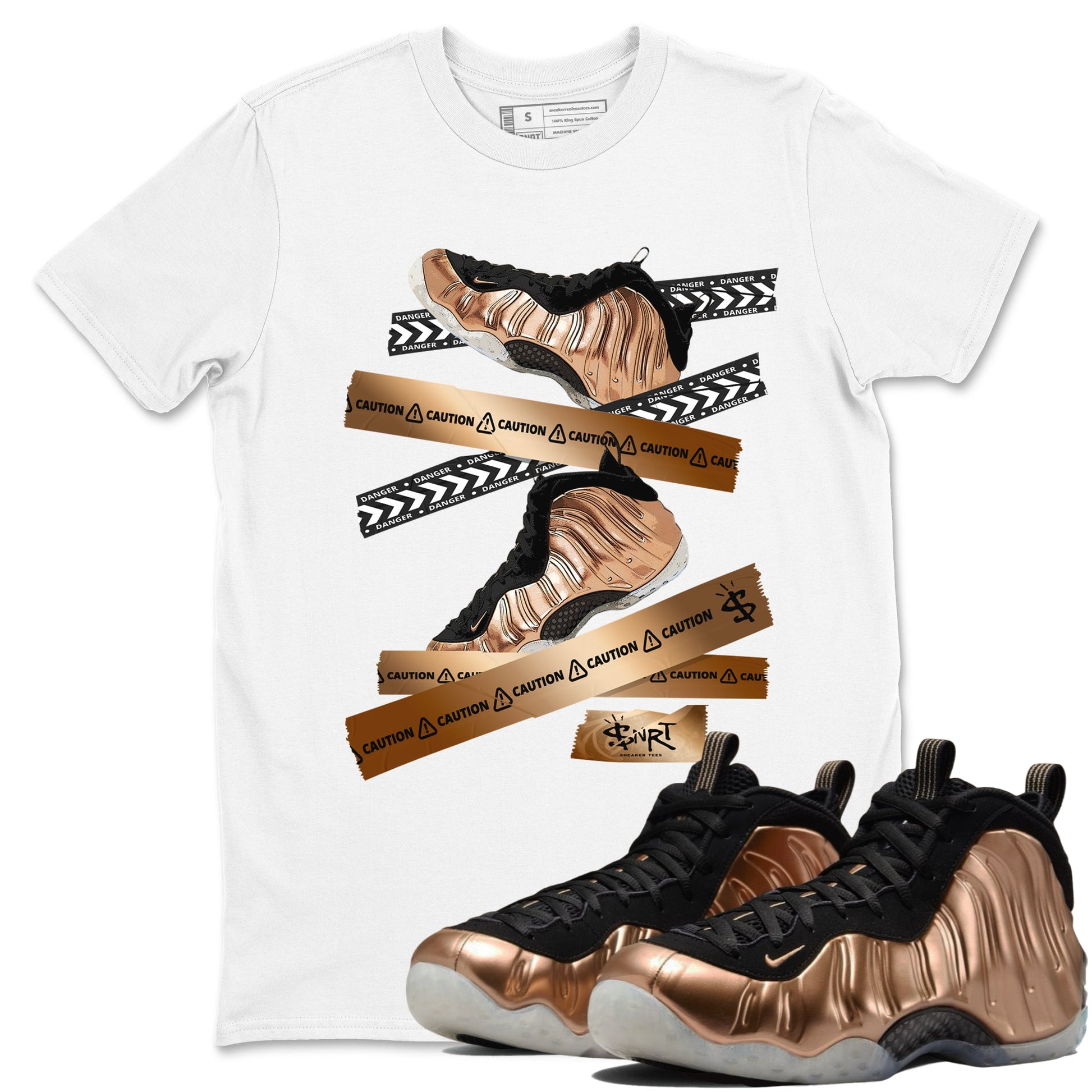 Foams One Metallic Copper shirts to match jordans Caution Tape sneaker match tees Air Foamposite One Metallic Copper match shoes to clothes SNRT Sneaker Tees unisex cotton White 1 shirts