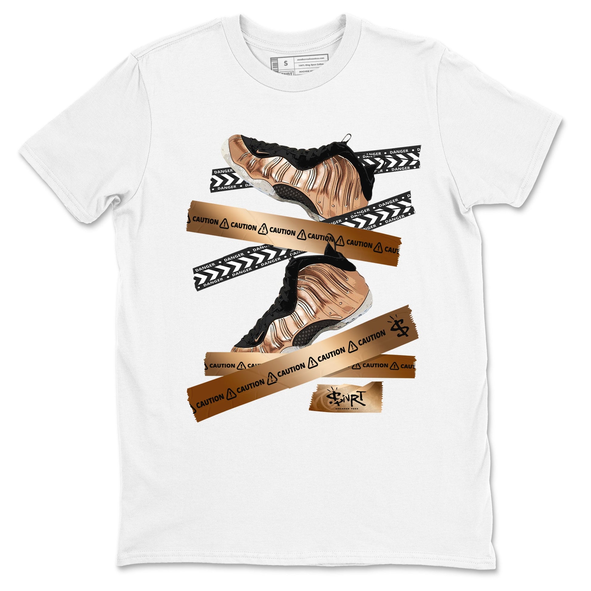 Foams One Metallic Copper shirts to match jordans Caution Tape sneaker match tees Air Foamposite One Metallic Copper match shoes to clothes SNRT Sneaker Tees unisex cotton White 2 shirts