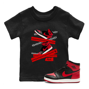 1s '85 Bred shirts to match jordans Caution Tape best t shirts to wear with jordans Air Jordan 1 Retro HIgh OG '85 Bred match shoes to clothes SNRT Sneaker Tees Youth Baby Black 1 tee