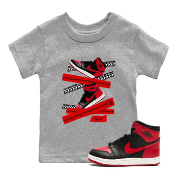 1s '85 Bred shirts to match jordans Caution Tape best t shirts to wear with jordans Air Jordan 1 Retro HIgh OG '85 Bred match shoes to clothes SNRT Sneaker Tees Youth Baby Heather Grey 1 tee