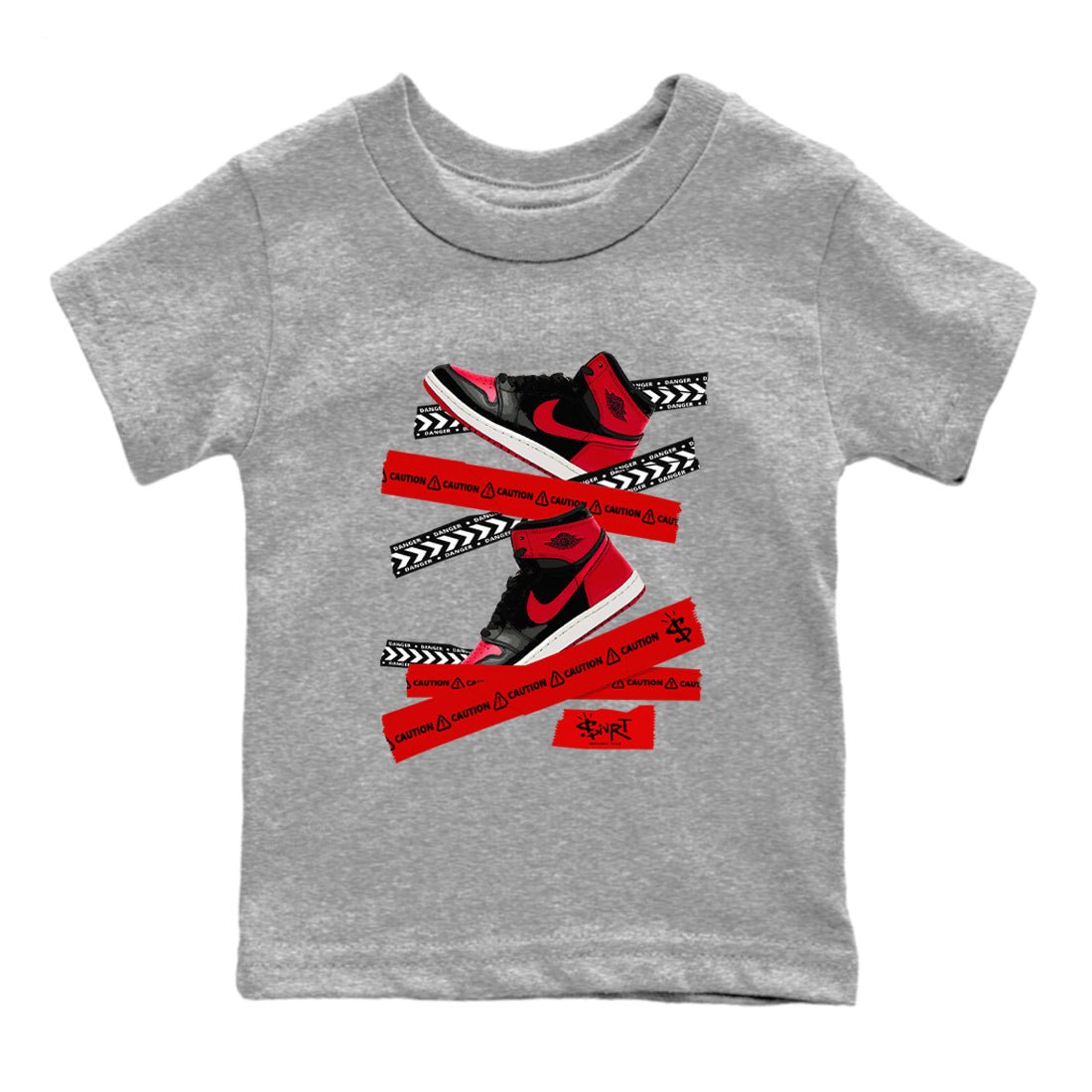 1s '85 Bred shirts to match jordans Caution Tape best t shirts to wear with jordans Air Jordan 1 Retro HIgh OG '85 Bred match shoes to clothes SNRT Sneaker Tees Youth Baby Heather Grey 2 tee