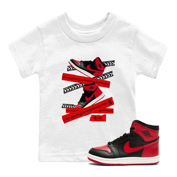1s '85 Bred shirts to match jordans Caution Tape best t shirts to wear with jordans Air Jordan 1 Retro HIgh OG '85 Bred match shoes to clothes SNRT Sneaker Tees Youth Baby White 1 tee