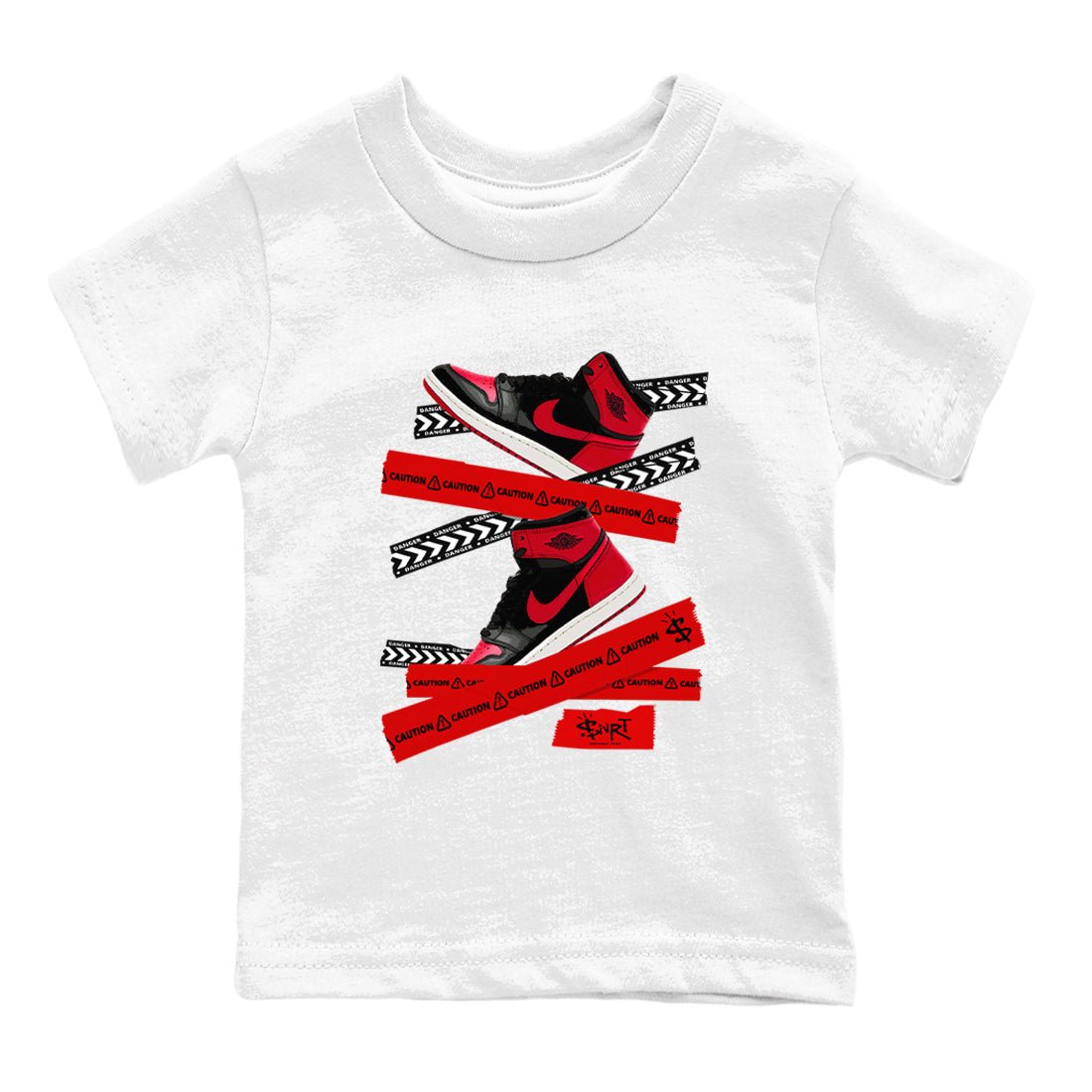 1s '85 Bred shirts to match jordans Caution Tape best t shirts to wear with jordans Air Jordan 1 Retro HIgh OG '85 Bred match shoes to clothes SNRT Sneaker Tees Youth Baby White 2 tee