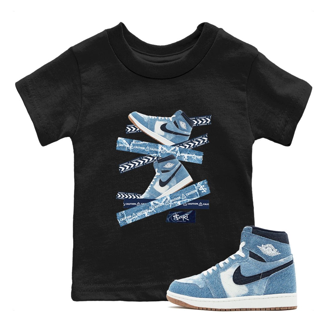 1s Denim shirts to match jordans Caution Tape sneaker match tees Air Jordan 1 Denim SNRT Sneaker Tees streetwear brand Baby and Youth Black 1 cotton tee