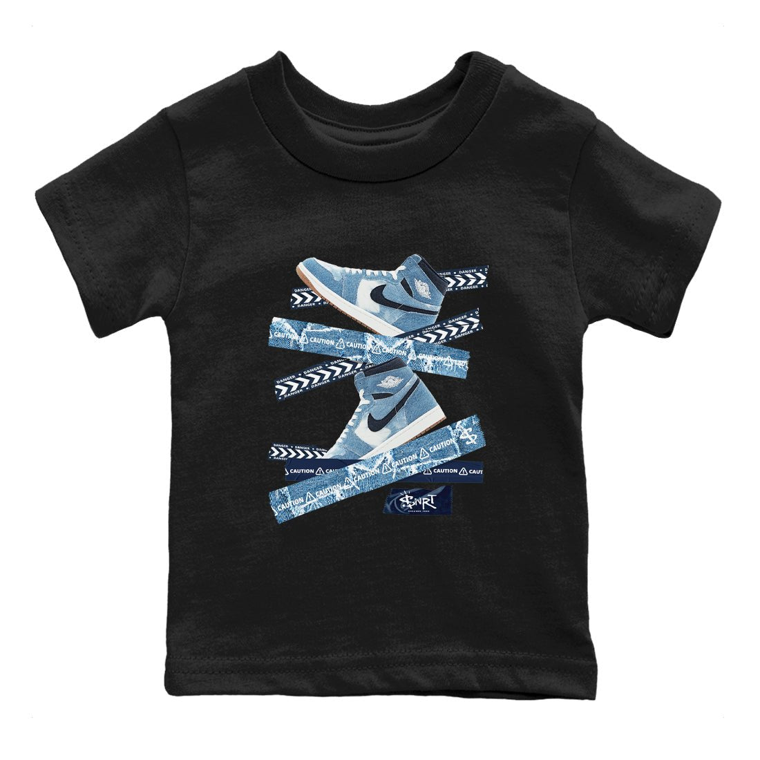 1s Denim shirts to match jordans Caution Tape sneaker match tees Air Jordan 1 Denim SNRT Sneaker Tees streetwear brand Baby and Youth Black 2 cotton tee