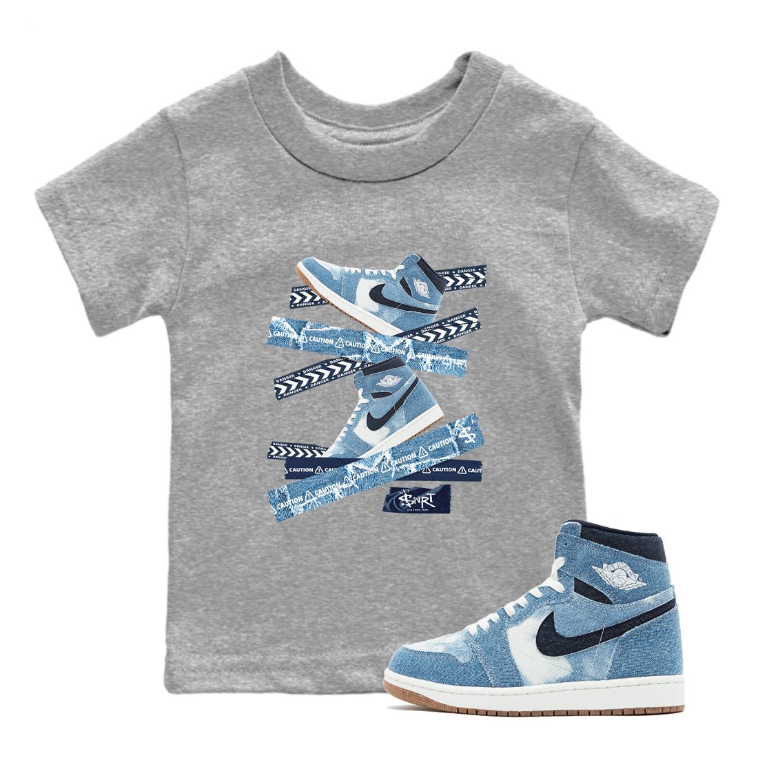 1s Denim shirts to match jordans Caution Tape sneaker match tees Air Jordan 1 Denim SNRT Sneaker Tees streetwear brand Baby and Youth Heather Grey 1 cotton tee